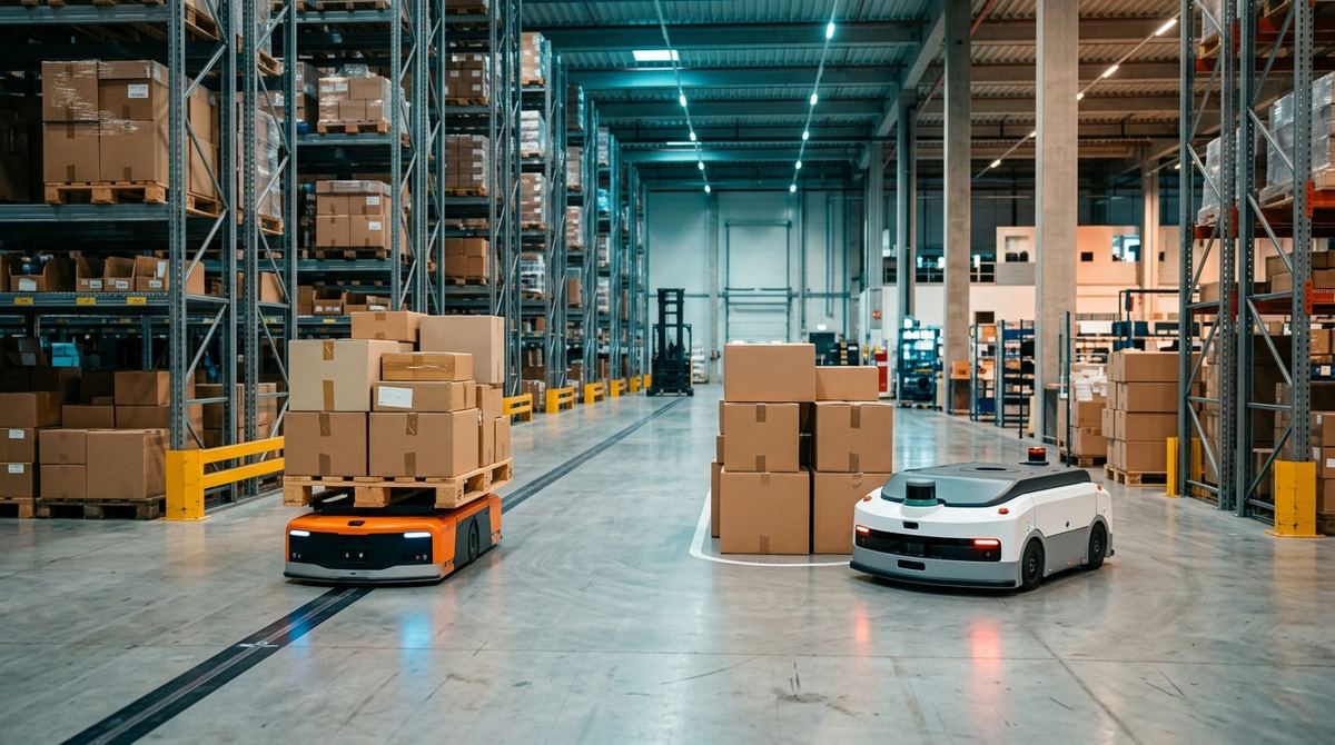 AGV vs AMR in a warehouse: automated guided vehicle on a fixed path and autonomous mobile robot with SLAM navigation between racks