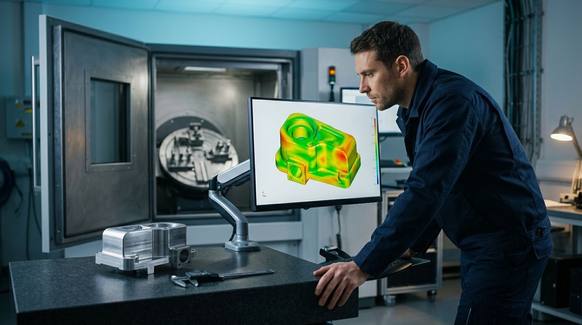 CT dimensional metrology: actual/nominal comparison between the reconstructed CT volume and the CAD model, with a false-color deviation map over internal geometry