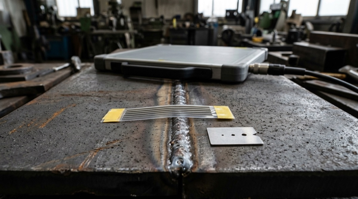 Wire IQI laid across a weld bead and hole-type IQI on the base metal, with a digital detector for industrial radiography