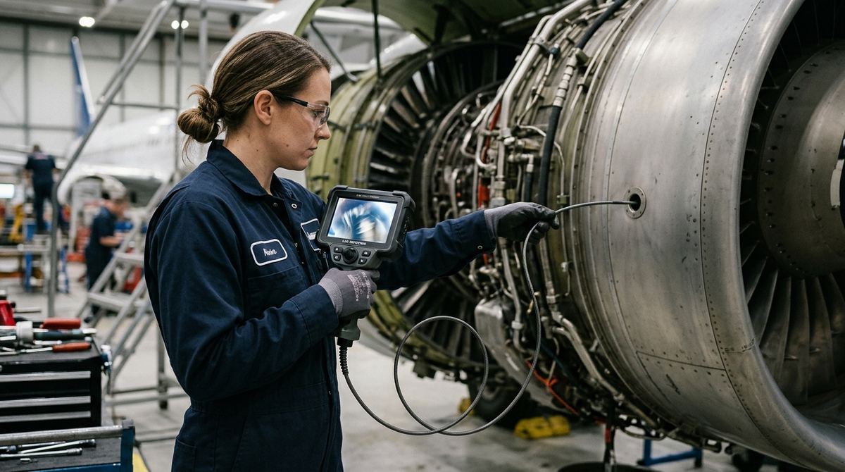 Borescope inspection of a gas turbine with an articulating industrial videoscope inserted through a borescope port