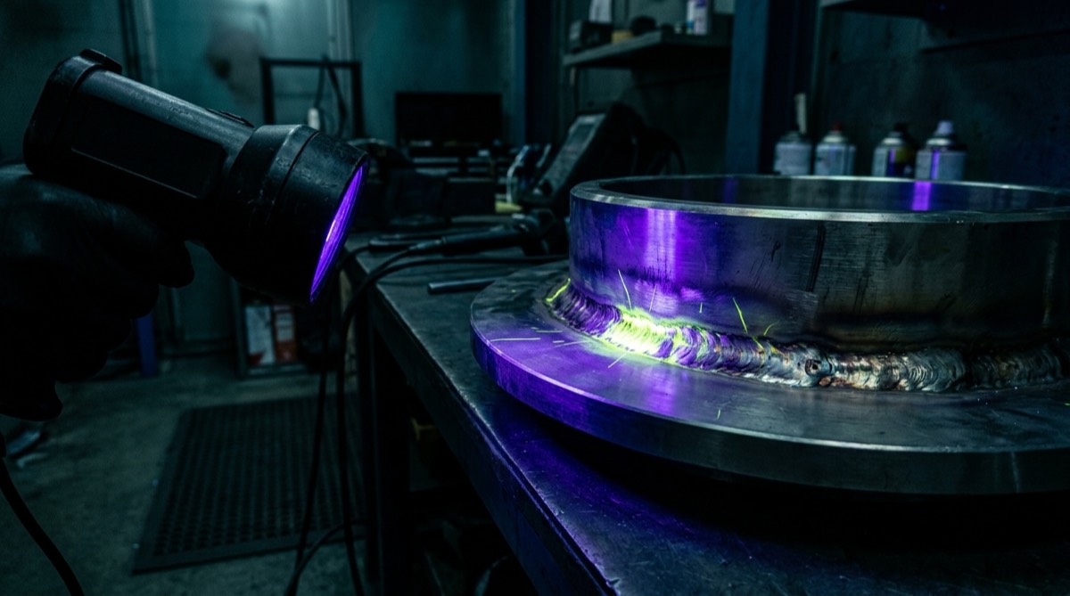 Fluorescent penetrant inspection of a stainless steel weld under a UV-A lamp in a darkened area