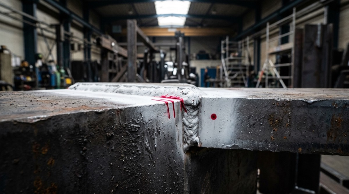 Liquid penetrant testing on a steel weld: white developer and red indications near the weld toe