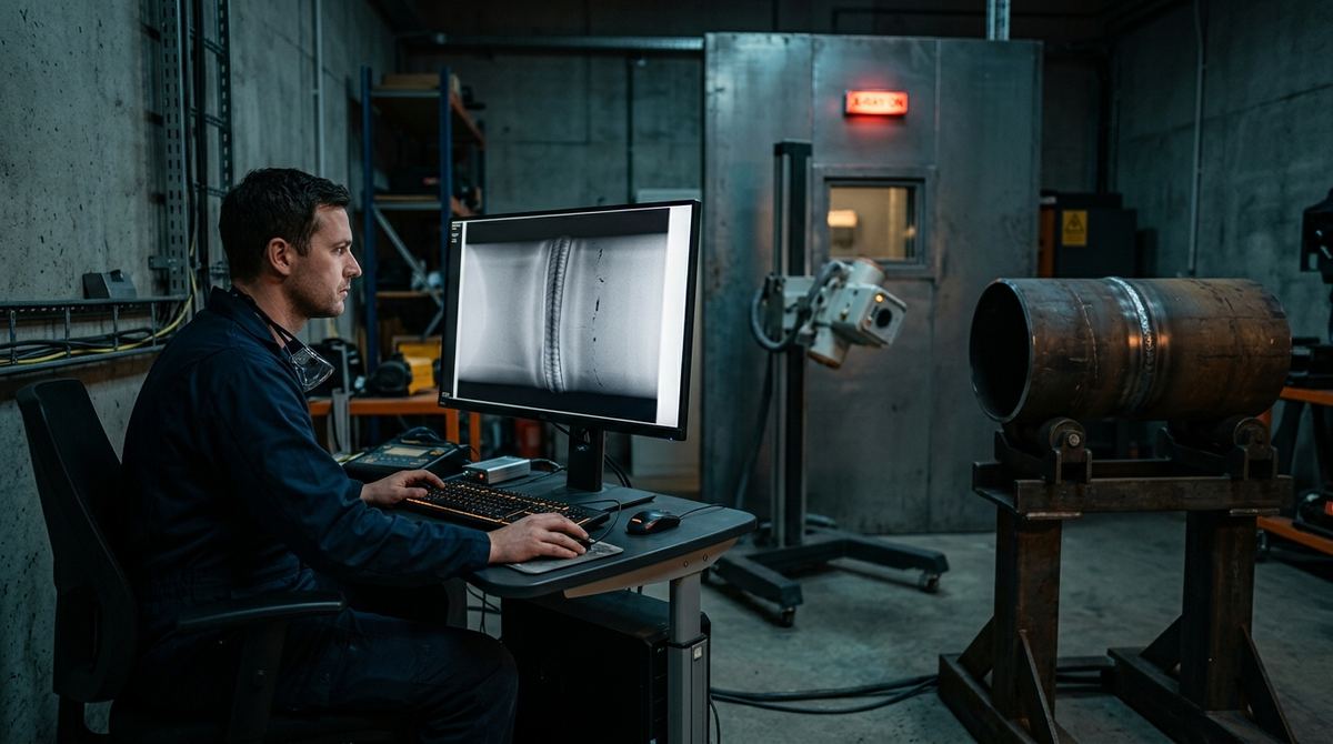 Interpretazione di una radiografia digitale di saldatura in sala controllo, con indicatore di qualità immagine a fili