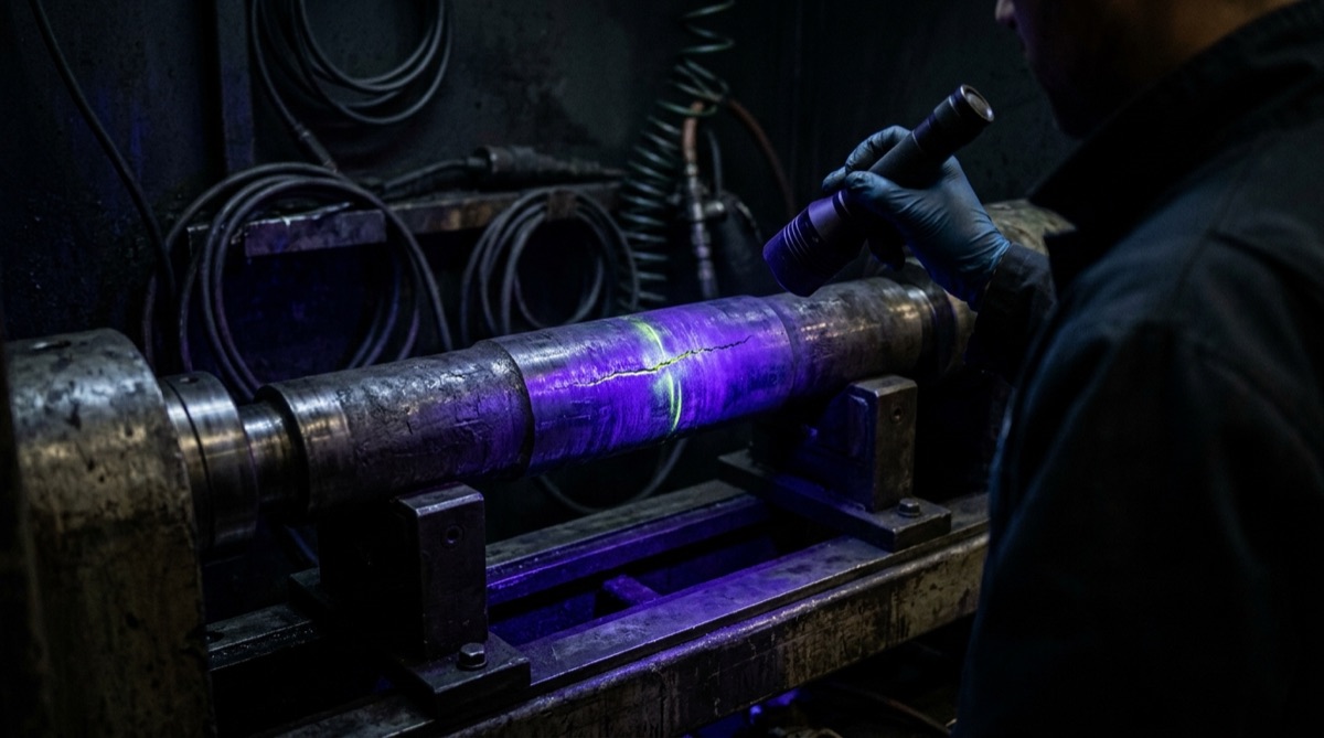 Fluorescent magnetic particle testing on a bench unit in a darkened booth: forged shaft lit by a UV-A lamp with the yellow-green indication of a crack