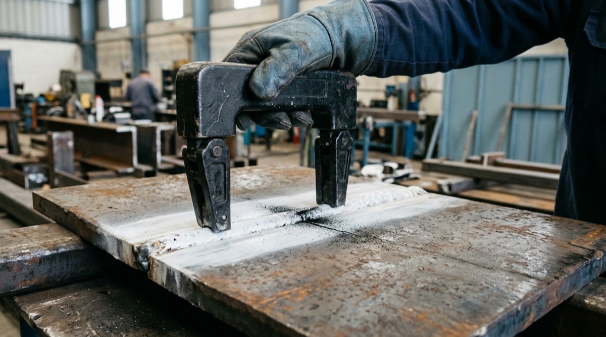 Magnetic particle testing on a steel butt weld: electromagnetic yoke placed on the bead coated with white contrast paint, with black particles showing a crack at the weld toe
