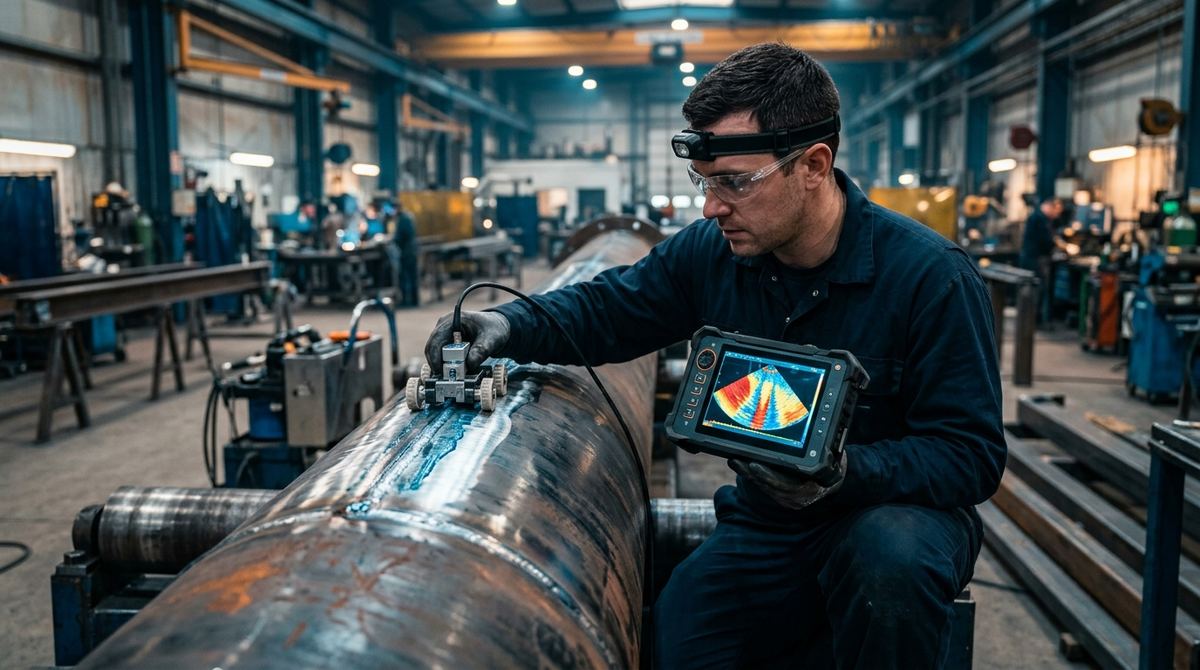 Weld inspection with phased array ultrasonic testing PAUT: multi-element probe with encoder scanner and instrument showing a color S-scan
