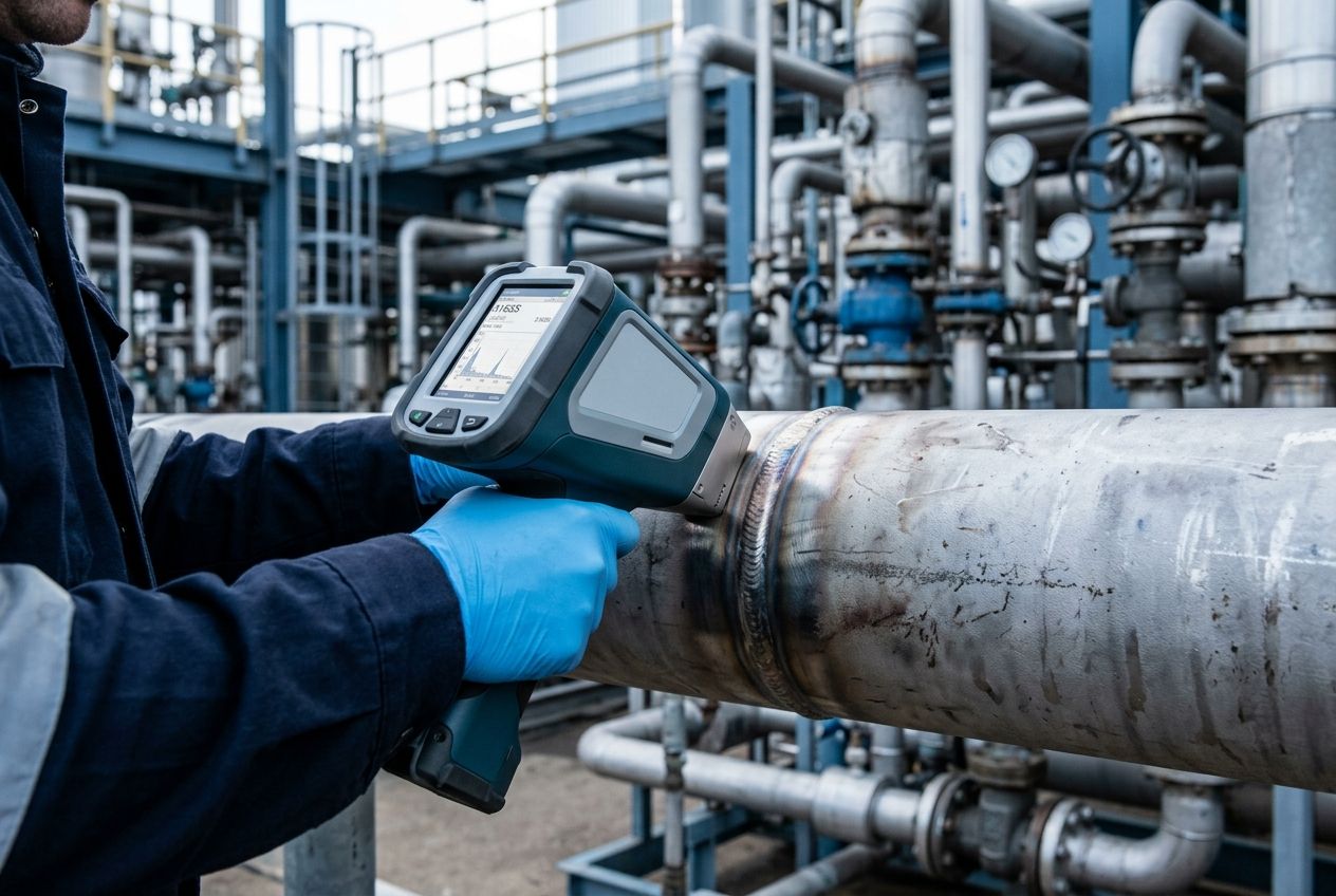 Verifica PMI con analizzatore XRF portatile su tubazioni, valvole e saldature di un impianto in pressione nell'oil & gas