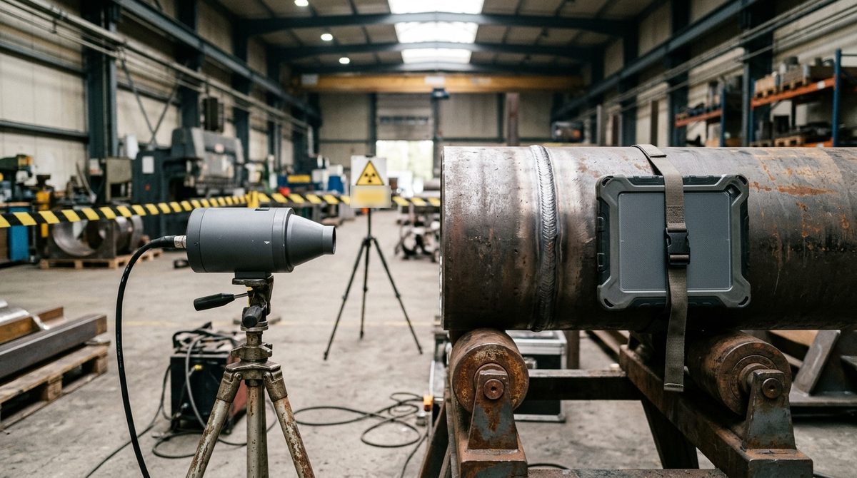 Directional X-ray tube and flat-panel digital detector set up in a fabrication shop for radiographic testing of a circumferential weld on a steel pipe, with a cordoned-off area
