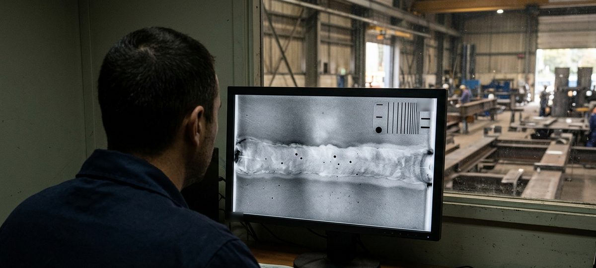 NDT technician evaluating a digital radiograph of a weld with porosity and a wire-type image quality indicator on a monitor