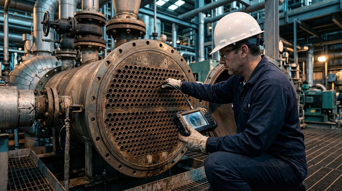 Videoscope inspection of a shell-and-tube heat exchanger: probe inserted into the tubes from the tubesheet