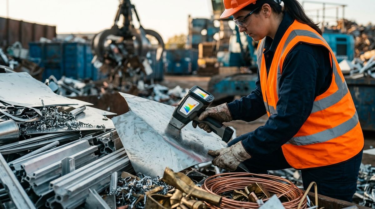 XRF scrap metal analysis in a recycling yard: handheld XRF analyzer sorting stainless steel and nickel alloys