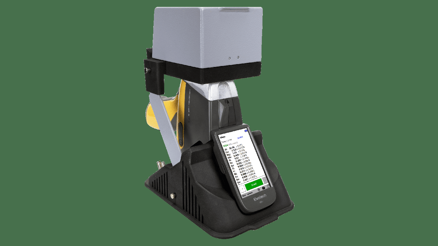 Elvatech ProSpector 3 on a bench stand with alloy analysis results on screen