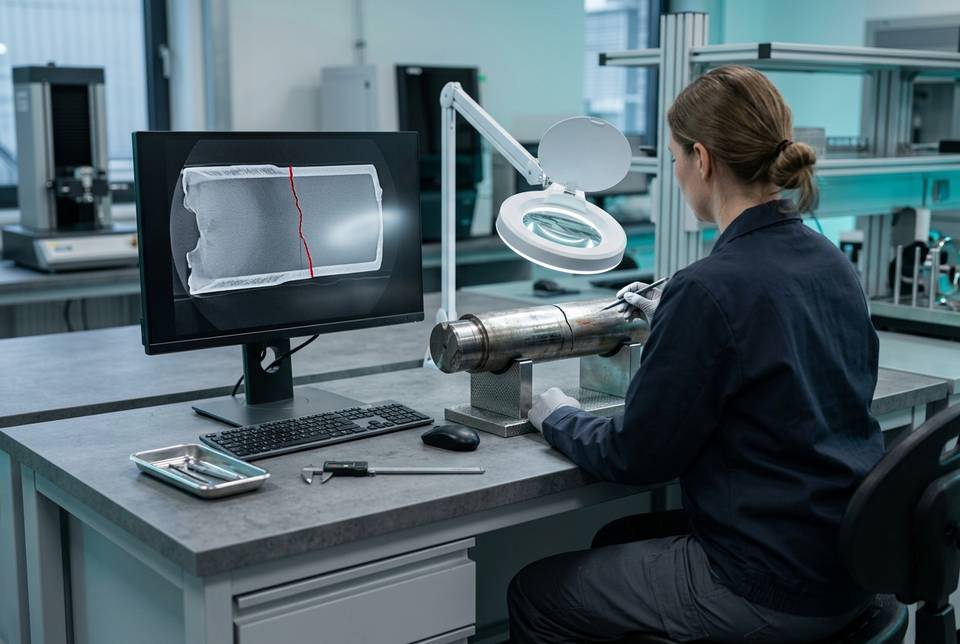 Albero in acciaio con cricca esaminato in laboratorio, con la sezione tomografica che evidenzia la frattura