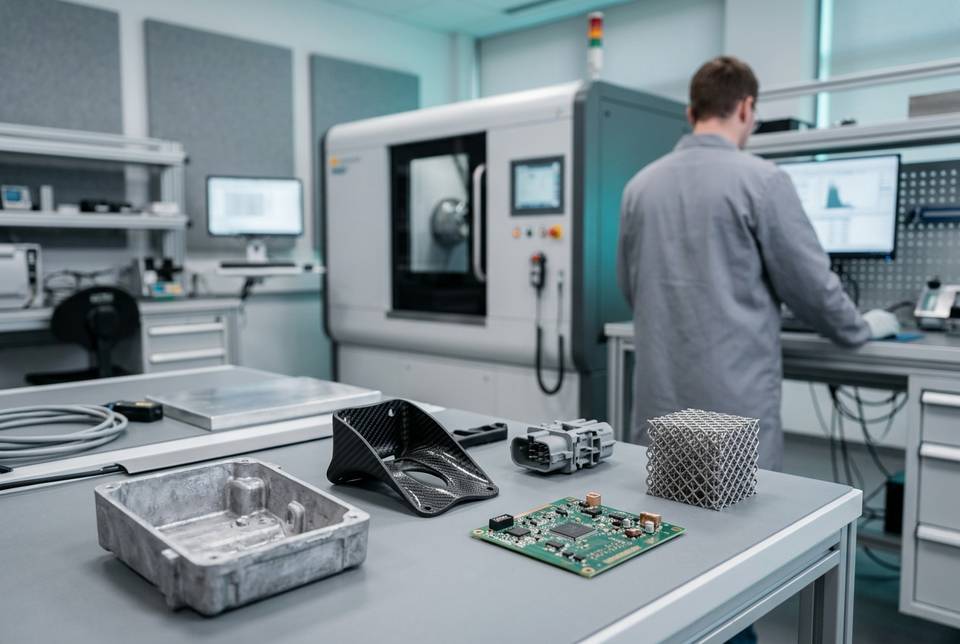 Campioni di materiali diversi per tomografia: getto in alluminio, composito in fibra di carbonio, connettore in plastica, scheda elettronica e reticolo stampato in 3D