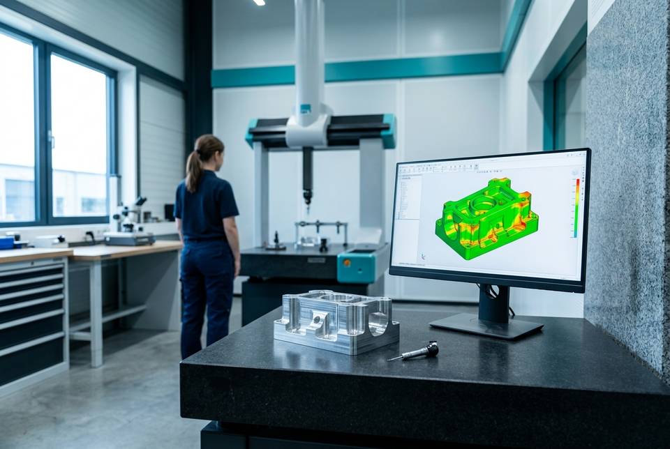 Componente lavorato di precisione accanto alla mappa a colori degli scostamenti dal modello CAD