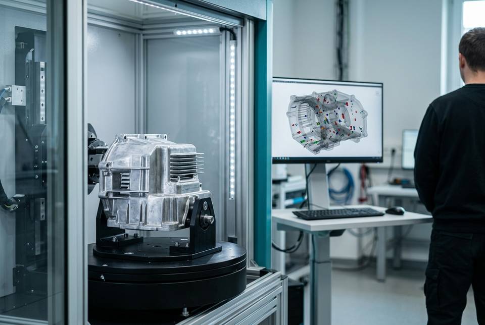 Getto in alluminio sulla tavola rotante di un tomografo industriale, con il volume 3D e i pori evidenziati a colori sul monitor