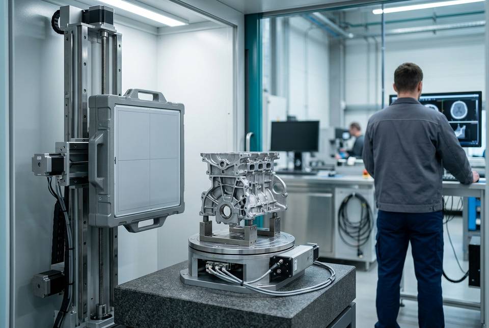 Flat panel digital detector on a vertical linear axis in a CT system, with a casting on the rotary table