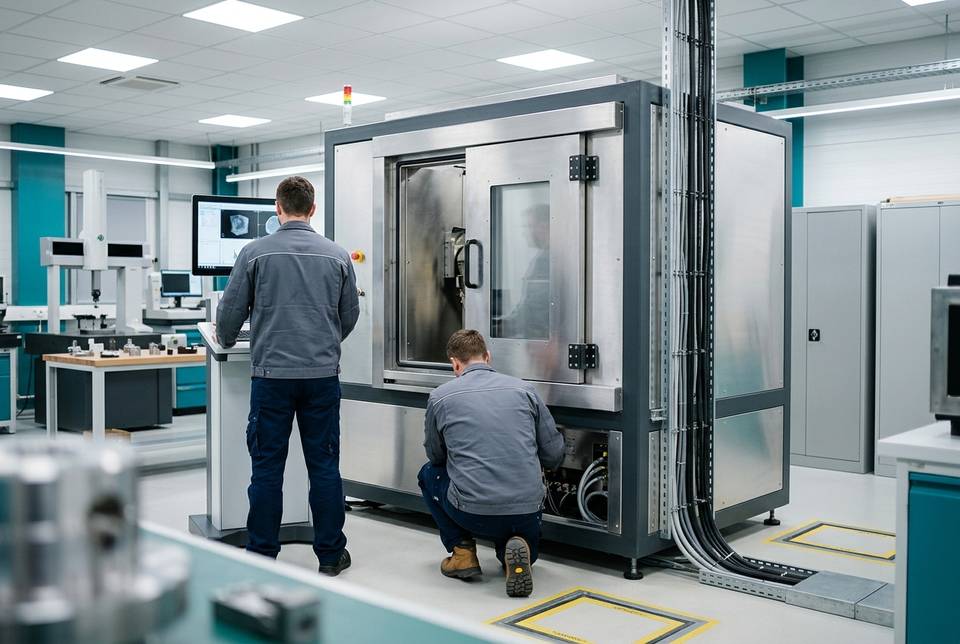 Technicians commissioning a newly installed shielded CT cabinet in a factory
