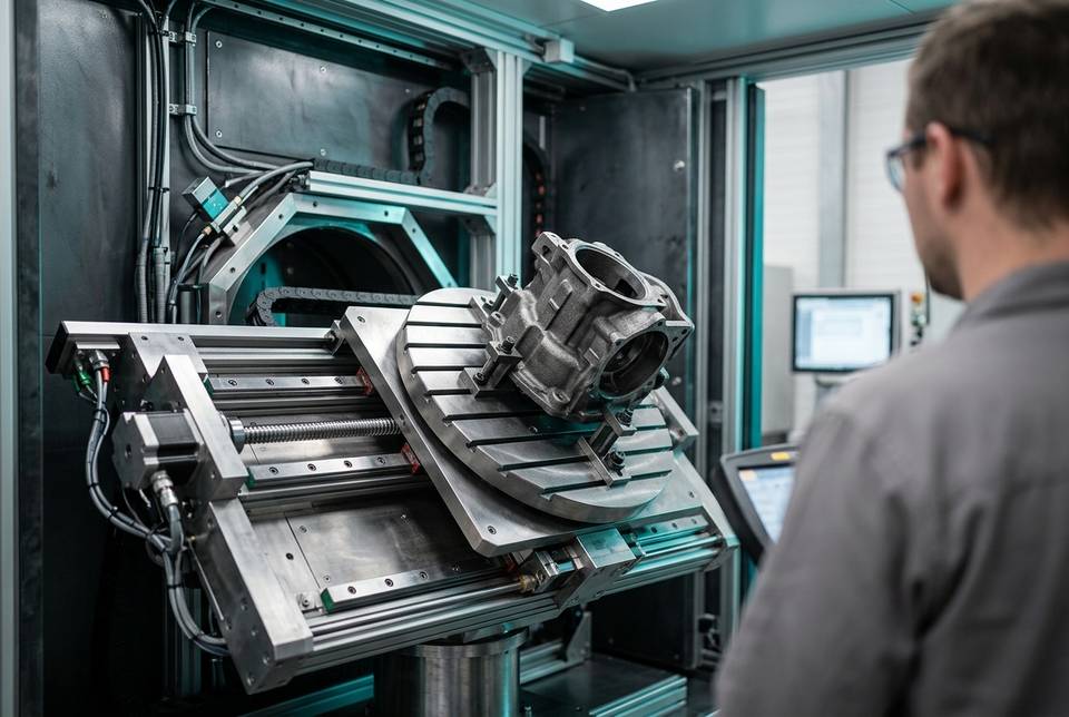 Multi-axis manipulator with rotary table, linear guides and ball screws holding a casting in a CT cabinet