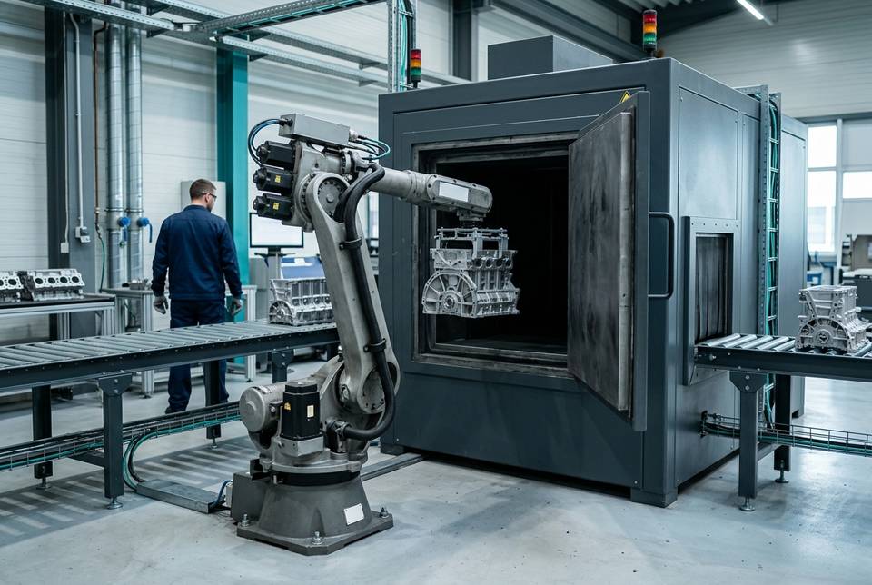 In-line X-ray cell in a foundry: a fixed industrial robot loads an aluminum casting from the conveyor into the shielded cabinet