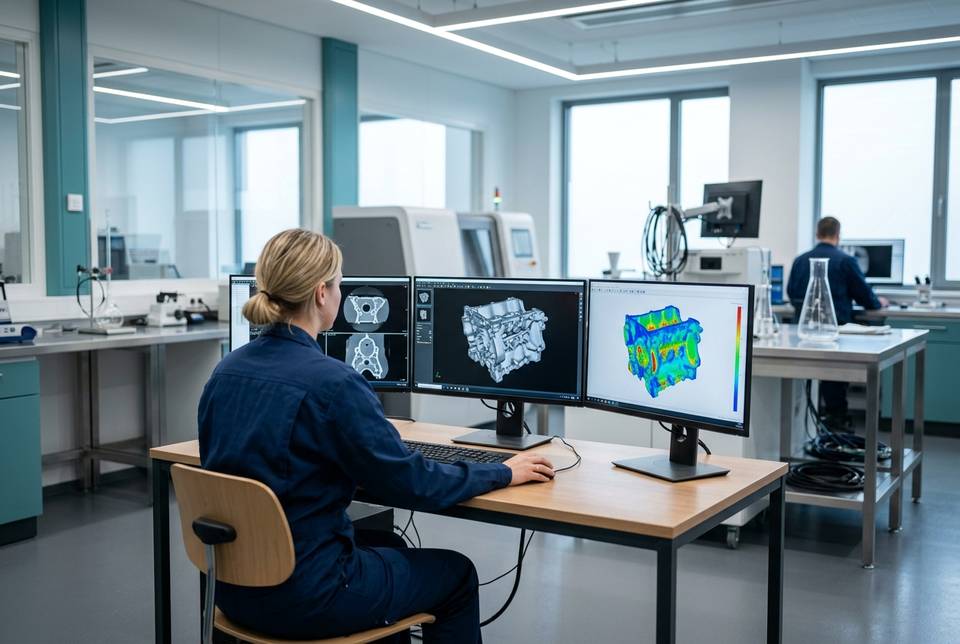 CT analysis workstation with 3D volume, slices and wall-thickness map on three monitors