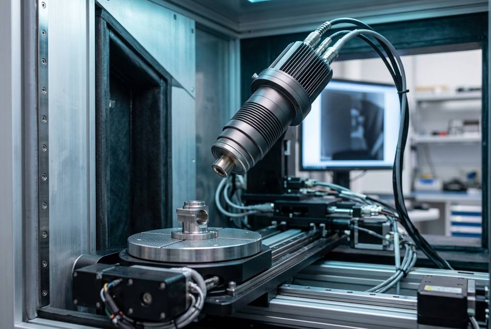 Microfocus X-ray tube inside an inspection cabinet, aimed at a part on the rotary table